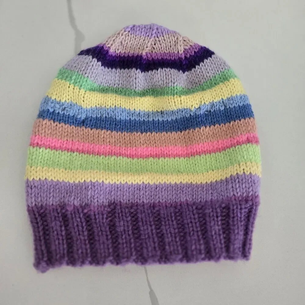 Hand Knitted Crochet Beanie in Blue and Cream Hat Women's Girls New